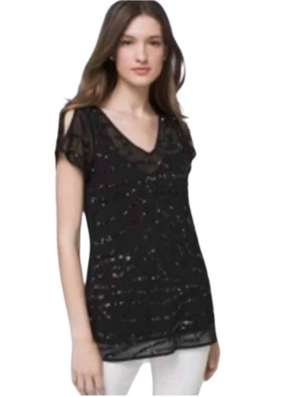 WHBM Black Sequin Mesh V-Neck black Blouse  size L NWT detachable tank inside - Picture 12 of 13